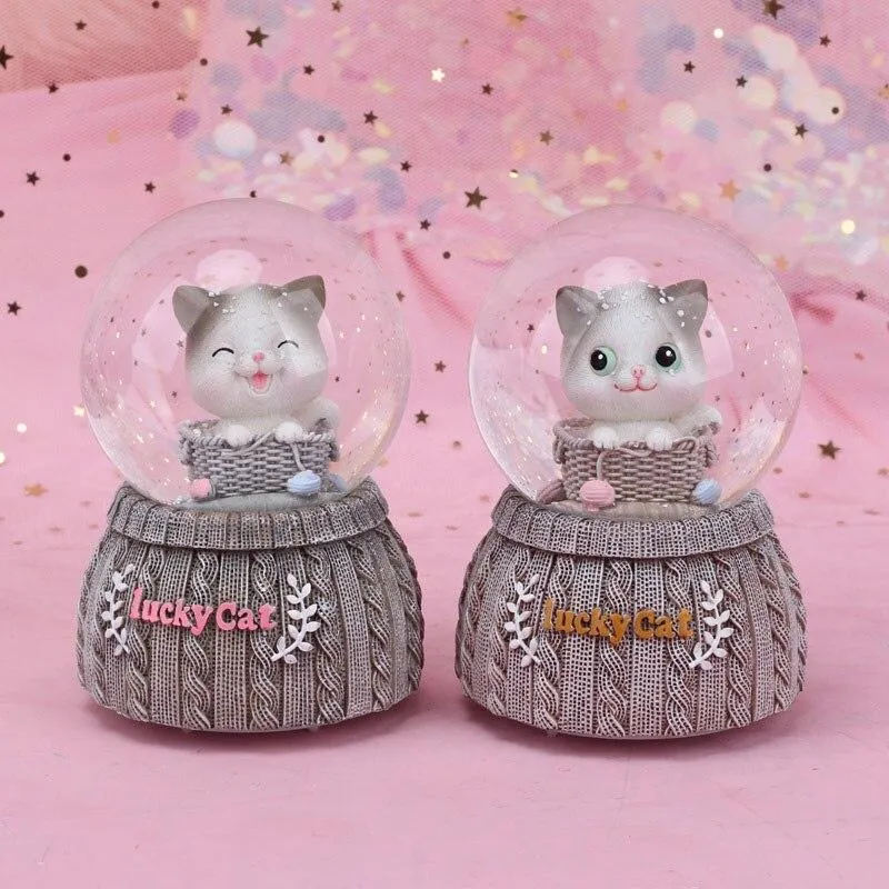 Fait à la main chat chanceux tricoté boule de cristal Base résine Figurine décoration de la maison accessoires dessin animé chat ornement boîte à musique décor de mariage cadeau