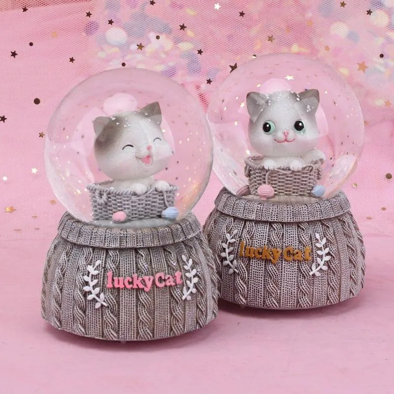 Fait à la main chat chanceux tricoté boule de cristal Base résine Figurine décoration de la maison accessoires dessin animé chat ornement boîte à musique décor de mariage cadeau