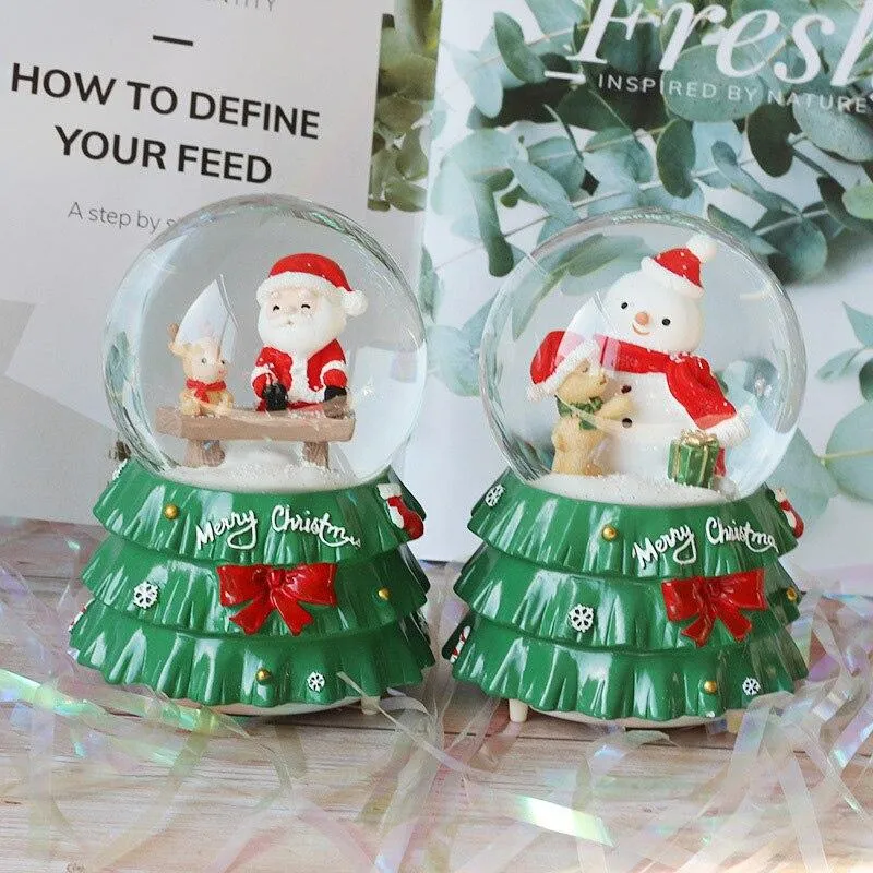 Fait à la main créatif arbre de noël Base boule de cristal Figurines résine boîte à musique artisanat décoration de la maison ornement année cadeaux décor de chevet
