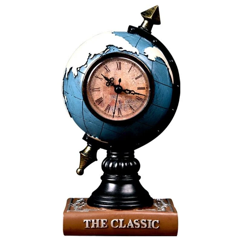 Mode Creative Vintage Globe Modèle Bureau Horloge Ornements Résine Artisanat Rétro Terre Modèle Maison Salon Horloge Décoration Cadeaux