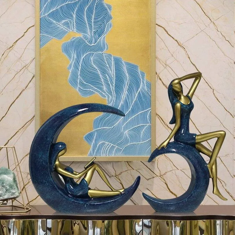 Décoration de la maison Résine Créative Lecture Fille Sur La Lune Figurines Ameublement Miniature Bureau Artisanat Yoga Beauté Ornement Artisanat