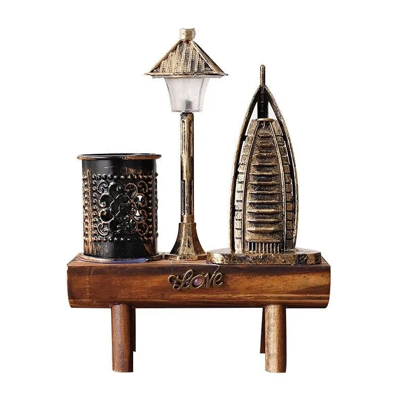 Artisanat Vintage modèle de construction Figurines pour accessoires de décoration de la maison banc en bois veilleuse ornements porte-stylo artisanat