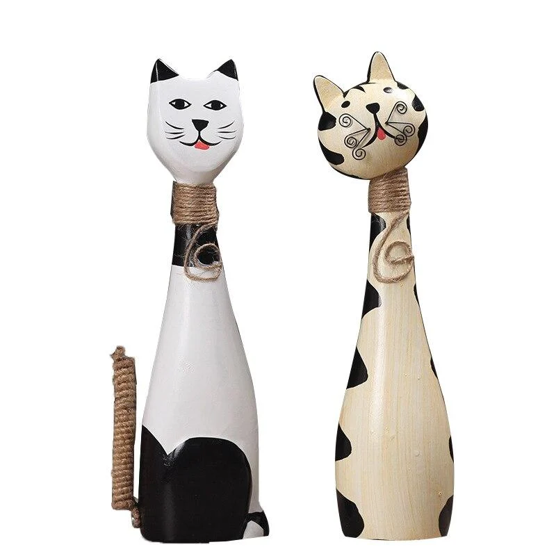Main Peinture À La Main Couple Chats Statue Modèle Miniature Pour La Décoration De La Maison Figurines Artisanat En Bois Ornement Salon Décor Cadeau