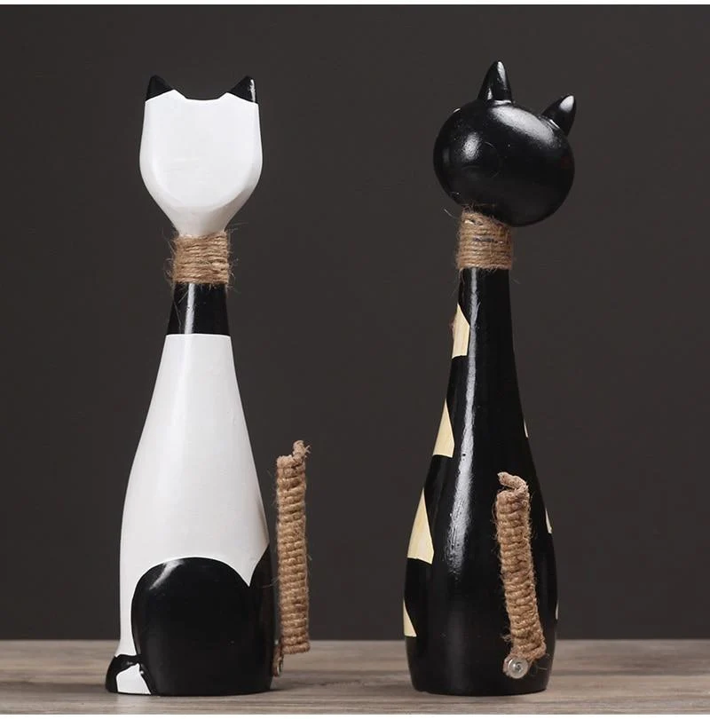 Main Peinture À La Main Couple Chats Statue Modèle Miniature Pour La Décoration De La Maison Figurines Artisanat En Bois Ornement Salon Décor Cadeau