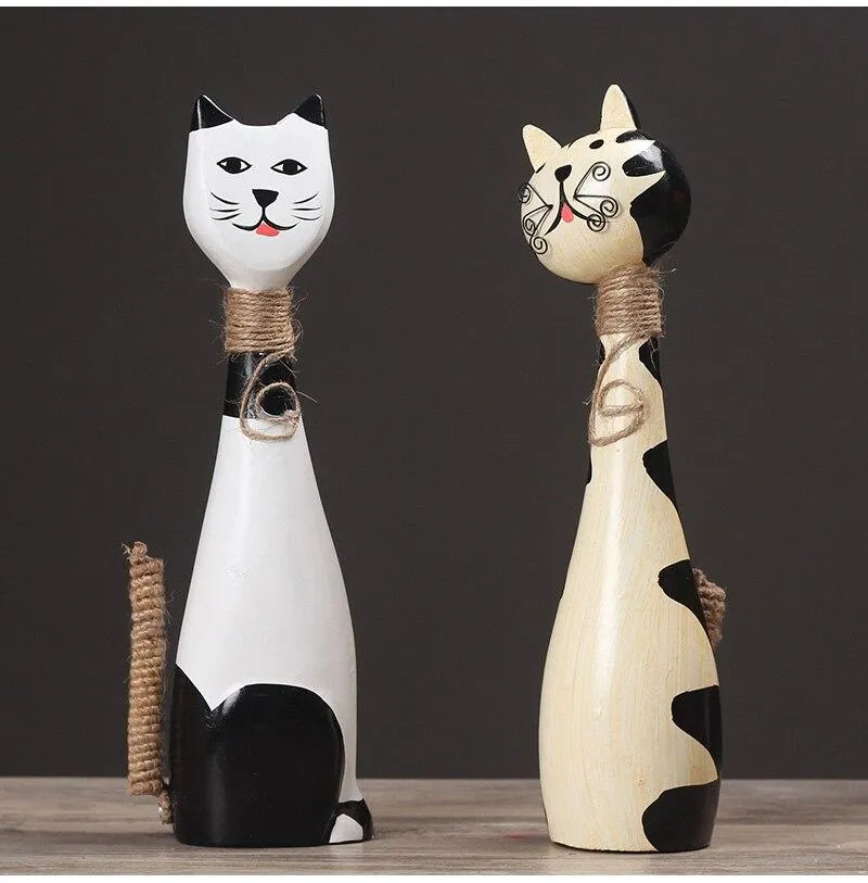 Main Peinture À La Main Couple Chats Statue Modèle Miniature Pour La Décoration De La Maison Figurines Artisanat En Bois Ornement Salon Décor Cadeau