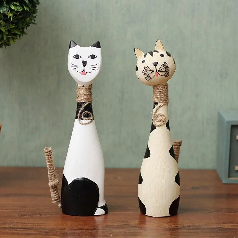 Main Peinture À La Main Couple Chats Statue Modèle Miniature Pour La Décoration De La Maison Figurines Artisanat En Bois Ornement Salon Décor Cadeau