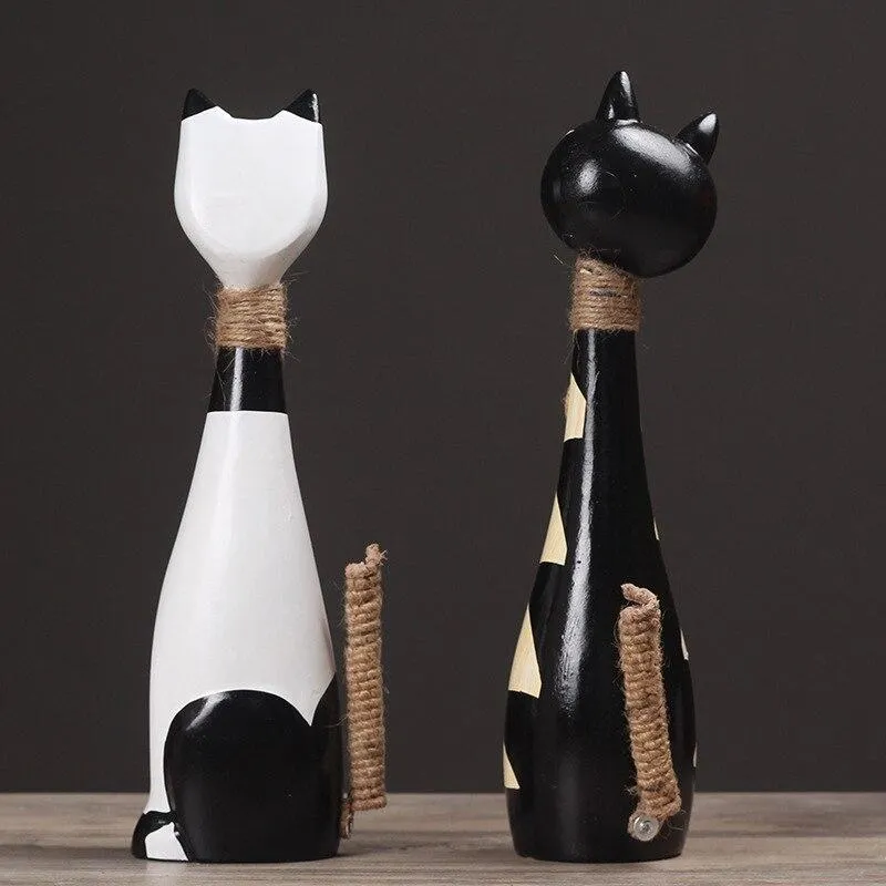 Main Peinture À La Main Couple Chats Statue Modèle Miniature Pour La Décoration De La Maison Figurines Artisanat En Bois Ornement Salon Décor Cadeau