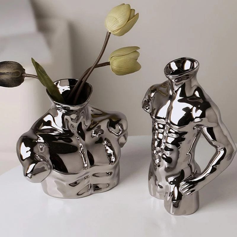 Vase européen moderne d'art de corps humain en céramique électrolytique couleur argent Arrangement de fleurs décor de bureau ornements ameublement