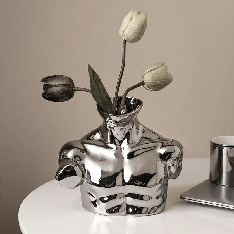 Vase européen moderne d'art de corps humain en céramique électrolytique couleur argent Arrangement de fleurs décor de bureau ornements ameublement