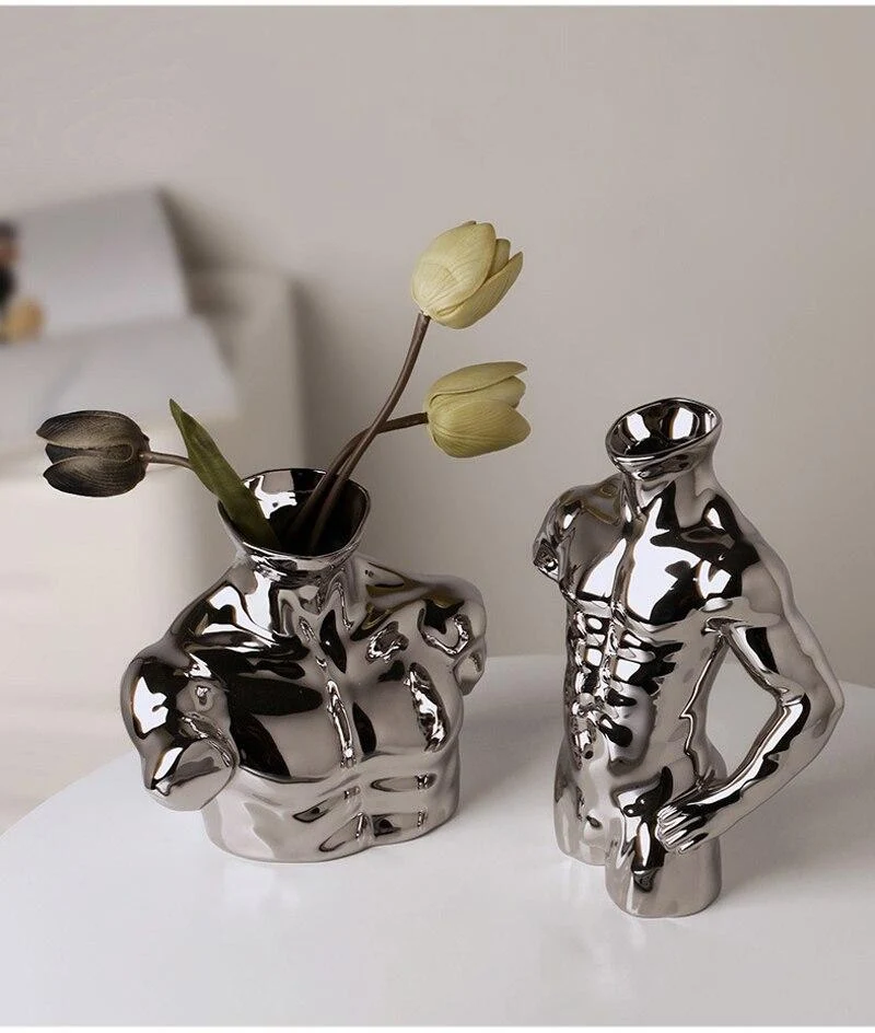 Vase européen moderne d'art de corps humain en céramique électrolytique couleur argent Arrangement de fleurs décor de bureau ornements ameublement