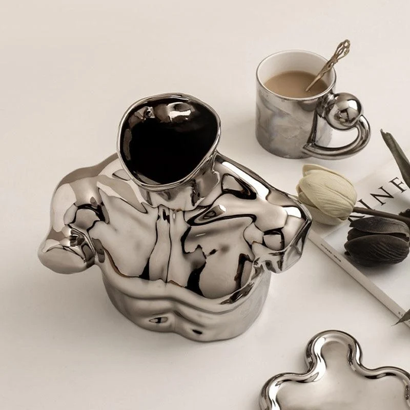 Vase européen moderne d'art de corps humain en céramique électrolytique couleur argent Arrangement de fleurs décor de bureau ornements ameublement