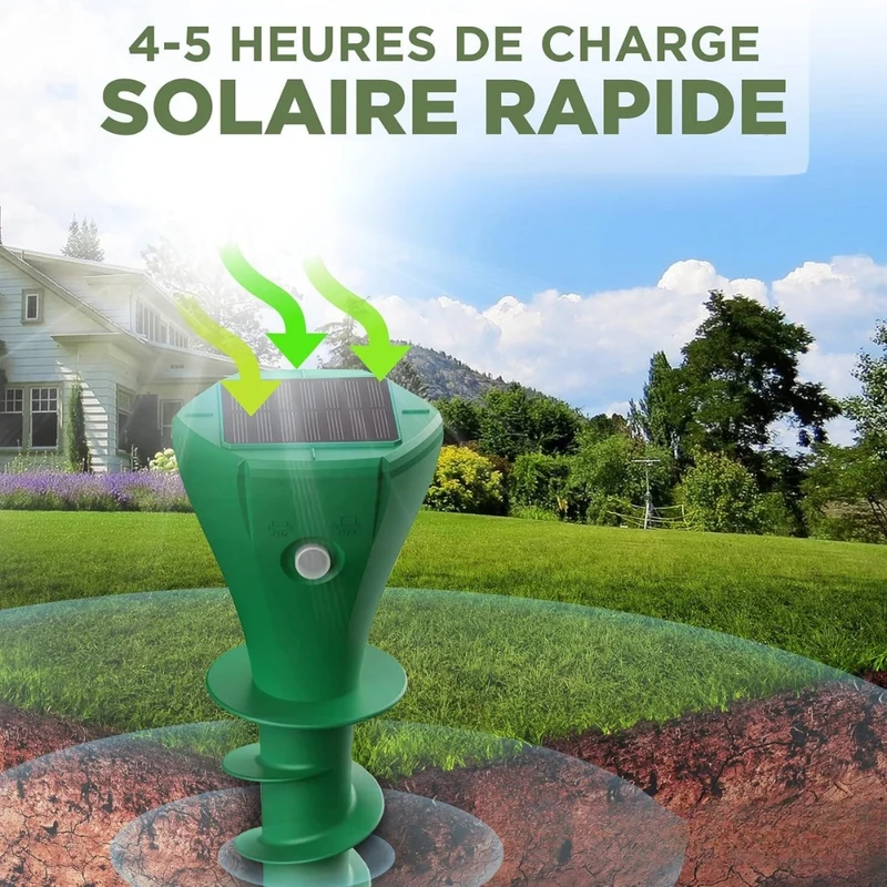 Répulsif taupes solaire étanche avec vibrations et fréquences variables pour jardin