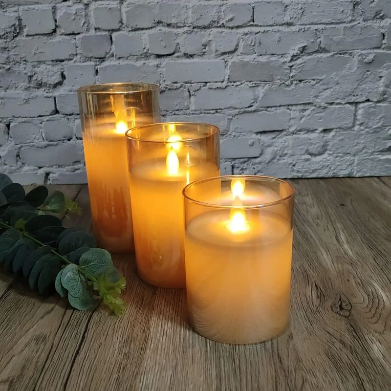 Lot de 3 Bougie LED en verre fumé - Doré