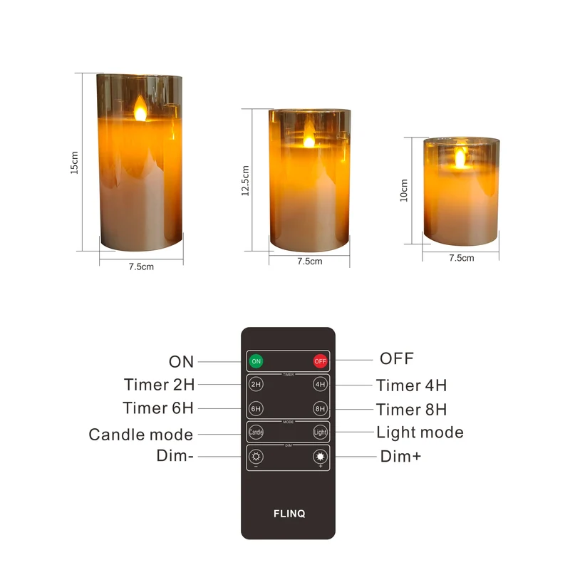 Lot de 3 Bougie LED en verre fumé - Doré