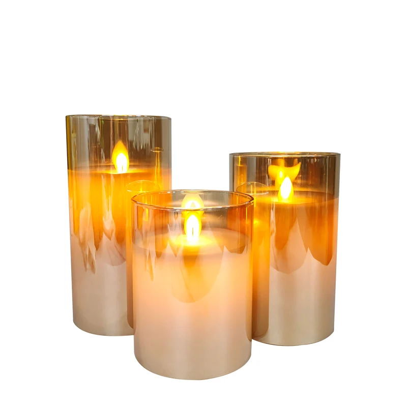 Lot de 3 Bougie LED en verre fumé - Doré