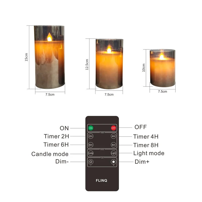 Lot de 3 Bougie LED en verre fumé - Argenté