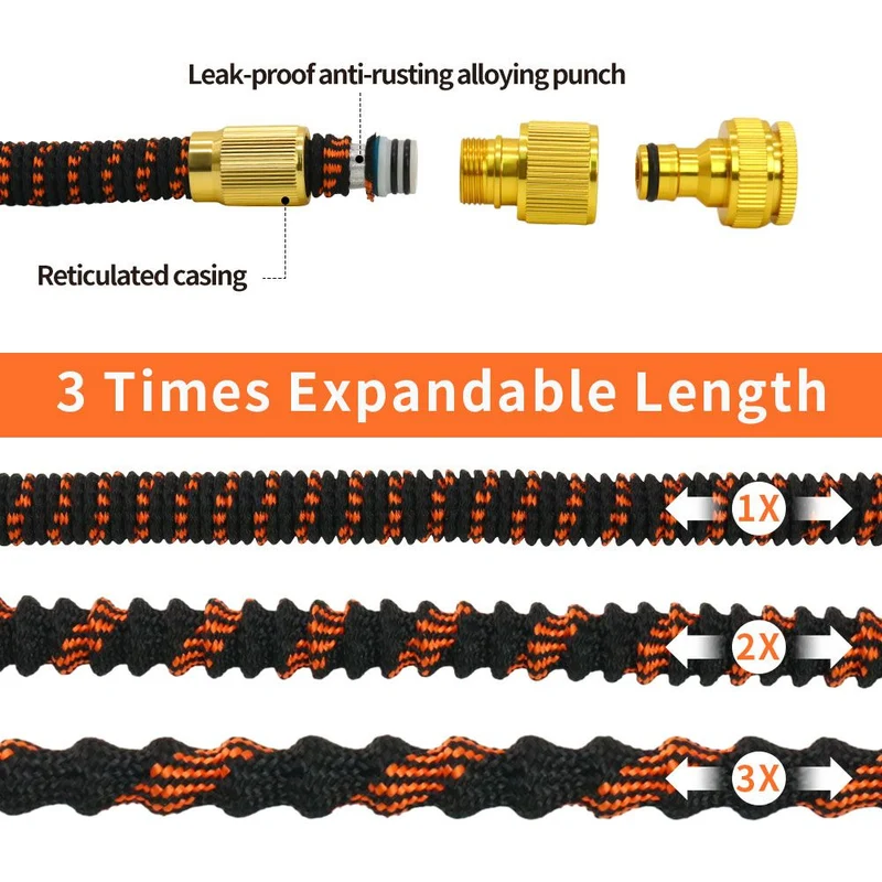 Tuyau d'arrosage flexible jusqu'à 30 mètres + Tête de pulvérisation et support de tuyau - Sac de rangement inclus - Noir/Orange