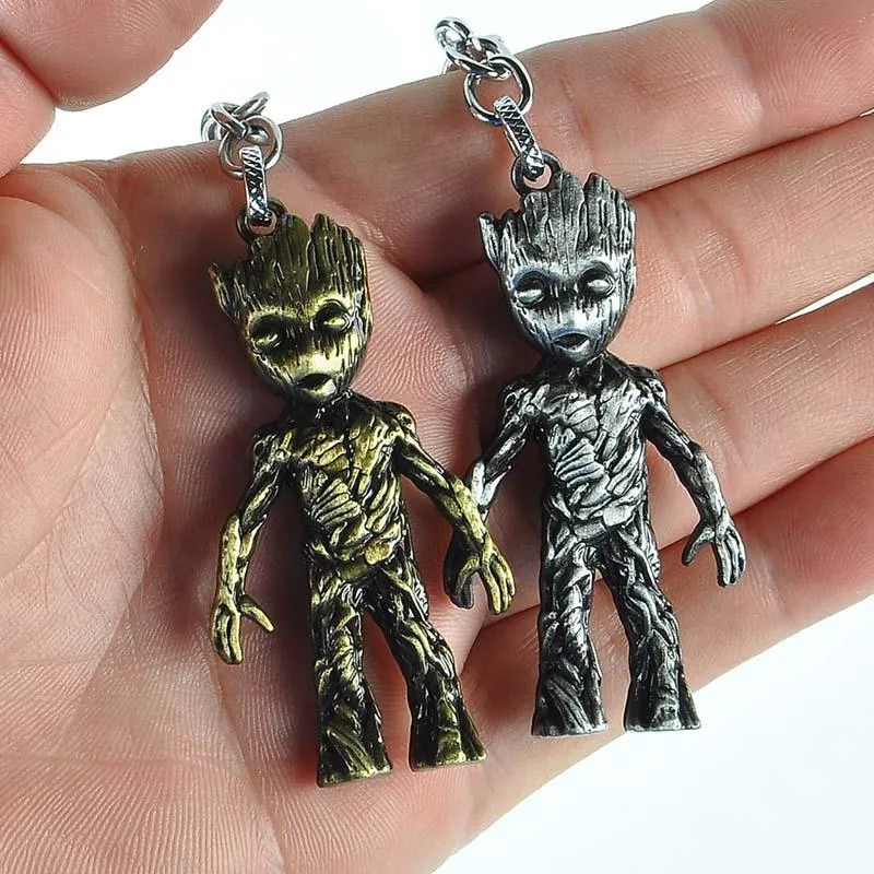 Main Alliage À La Main Porte-clés Décoration de La Maison Figurines Anime Groot Bébé Arbre Miniature Modèle Vintage Bronze Argent Ornements Artisanat