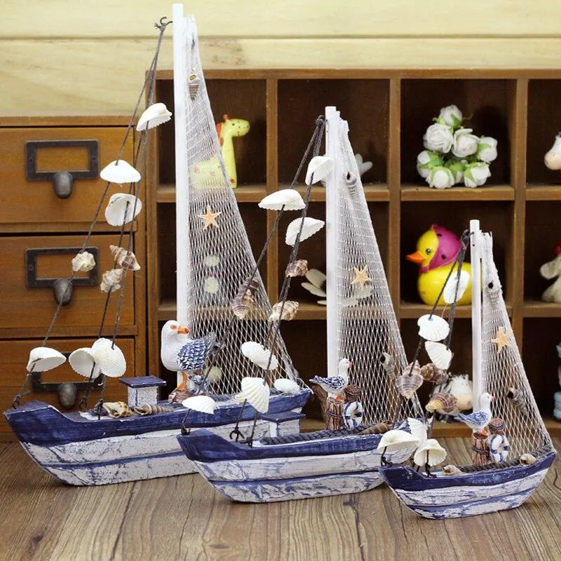 Style méditerranéen fait à la main rétro bateau à voile Figurines ornements en bois artisanat bleu bateau coquille bateaux Miniature bureau à domicile décor cadeaux