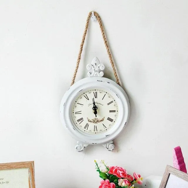 Horloge en bois antique horloge à Quartz horloge artisanale en bois maison tenture murale décoration corde de chanvre ronde petite horloge murale