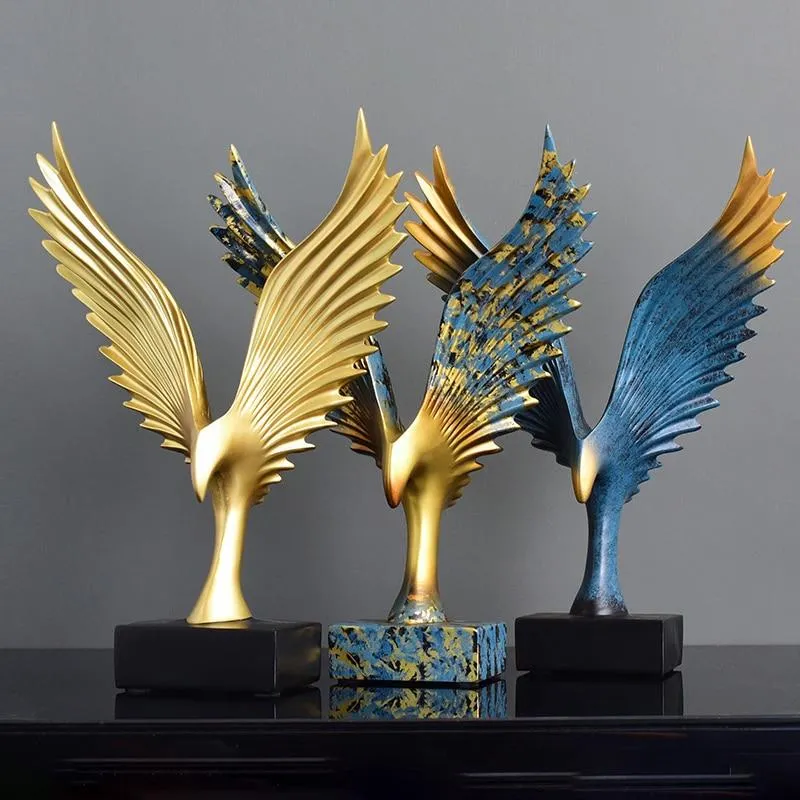 Aigle abstrait ailes déployées Figurines or et bleu salon Fengshui décoration Figurines résine artisanat bureau décor ornement