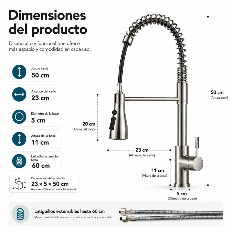 Grifo De Cocina Extraíble 360 Grados Con Ducha Extensible Acero Inoxidable