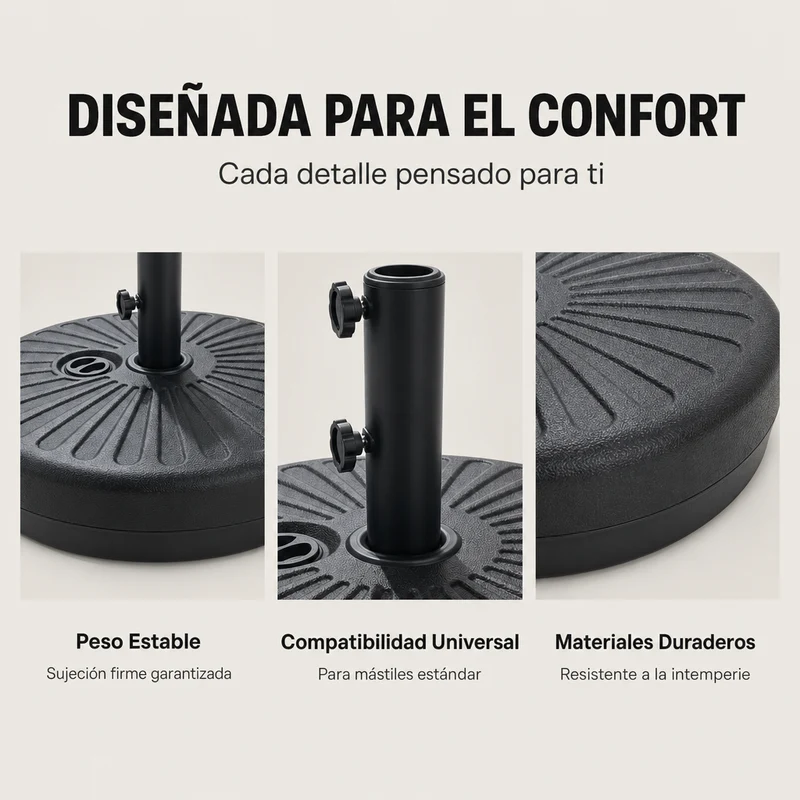 Pack Sombrilla Recta 3m Kaki + Base Redonda Rellenable