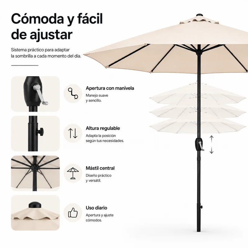 Sombrilla 3 metros De Jardín Regulable Con Manivela Beige