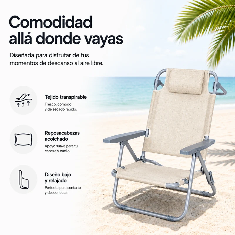 Pack 2 Sillas Plegables Reclinable Con Reposacabezas Portátil