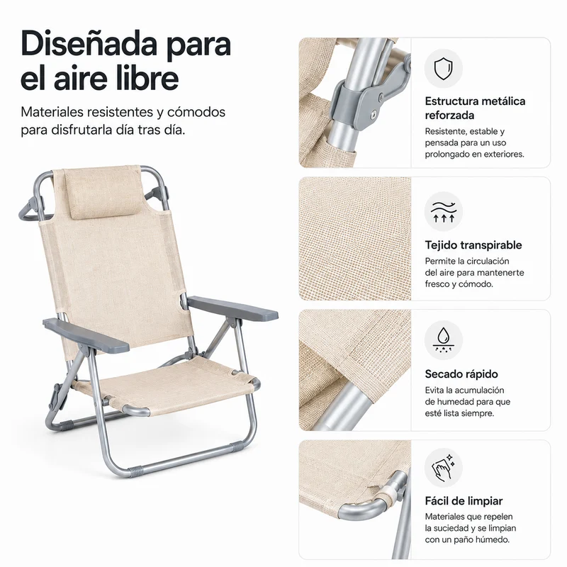 Pack 2 Sillas Plegables Reclinable Con Reposacabezas Portátil