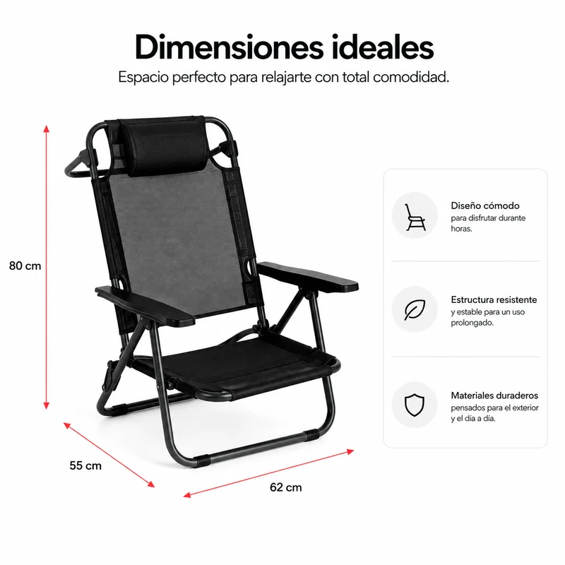Pack 4 Sillas Plegables Bajas Para Playa Y Camping Con Reposacabezas Acolchado