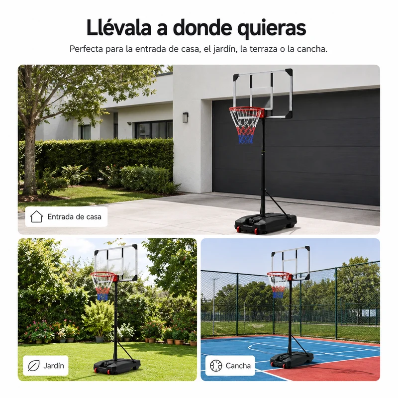 Canasta Baloncesto Portátil Regulable 1,6-2,1m Base con Ruedas