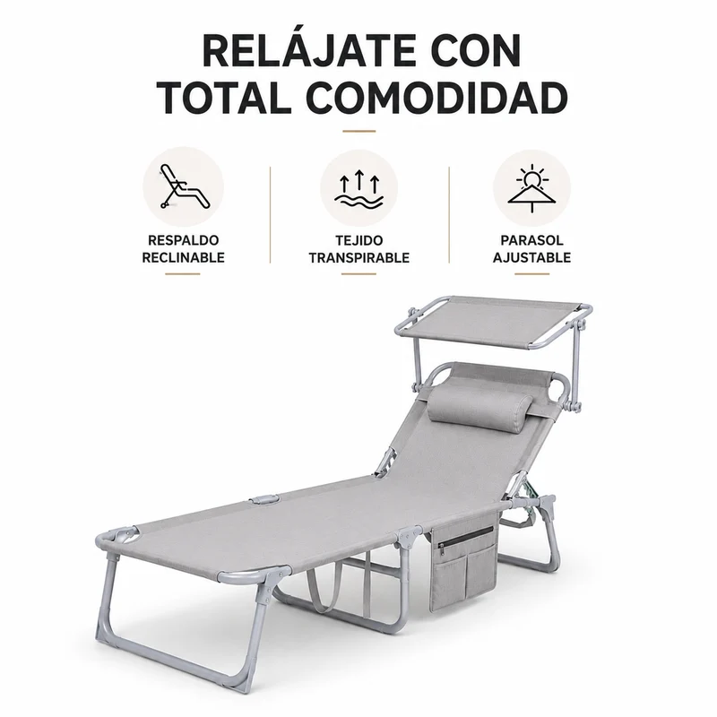 Pack 2 Tumbonas Plegables Con Parasol Ajustable Para Jardín Y Playa