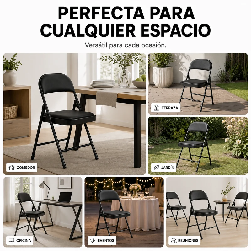 Pack 6 Sillas Plegables Acolchada De Acero Negro