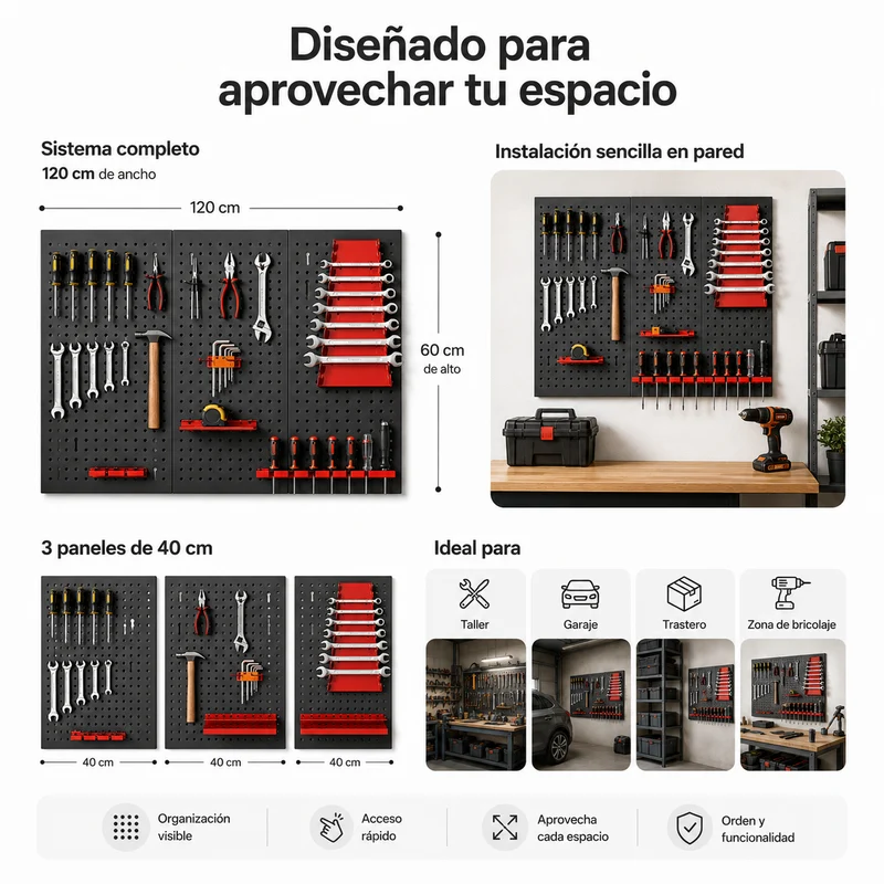 Panel Organizador Metálico Para Herramientas Con Ganchos Y Soportes