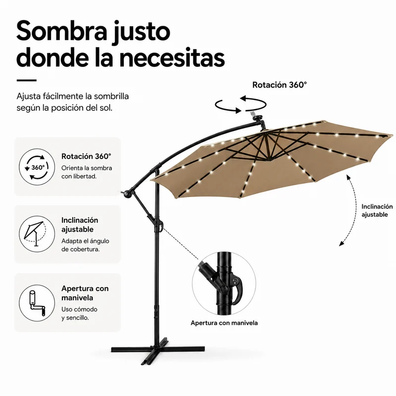 Sombrilla Lateral 3 metros De Jardín Kaki Con LED E Inclinación 360°