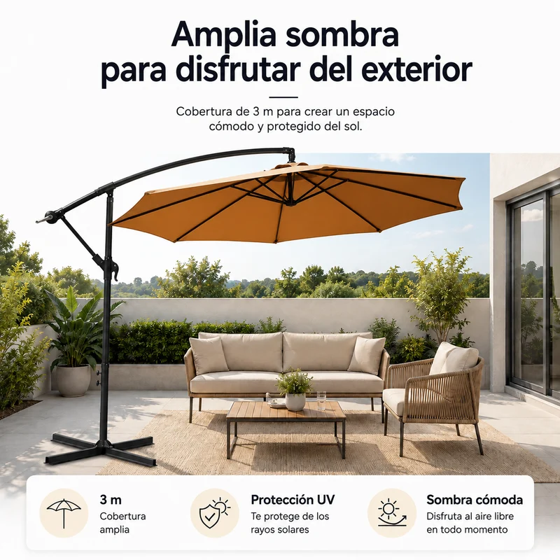 Sombrilla Lateral 3 metros De Jardín Inclinable 360° Color Kaki