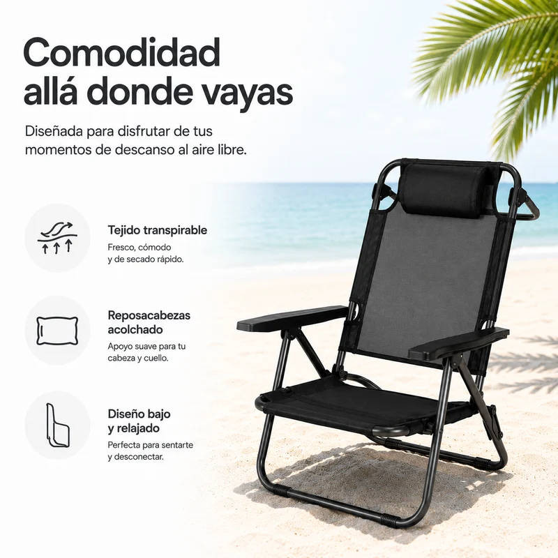 Pack 2 Sillas Plegables Bajas Para Playa Y Camping Con Reposacabezas Acolchado