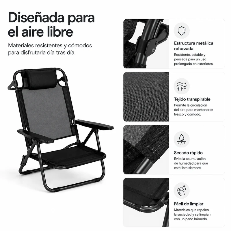 Pack 2 Sillas Plegables Bajas Para Playa Y Camping Con Reposacabezas Acolchado