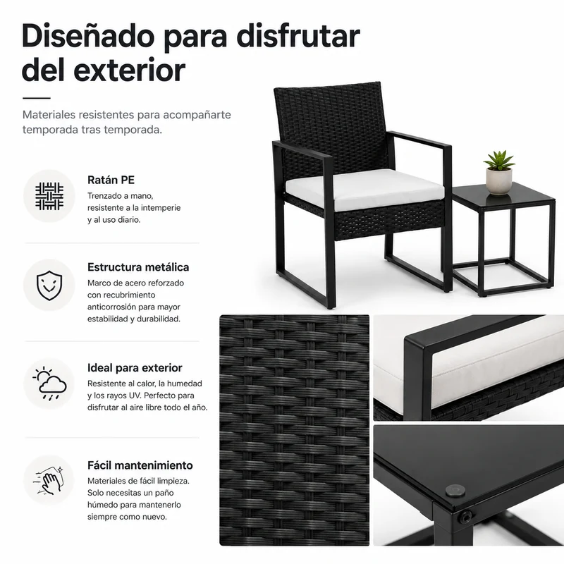 Conjunto De Jardín Exterior Ratán PE 3 Piezas Con Cojines Acolchados