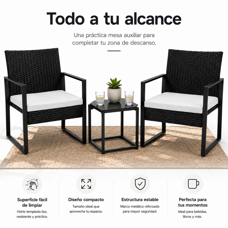 Conjunto De Jardín Exterior Ratán PE 3 Piezas Con Cojines Acolchados