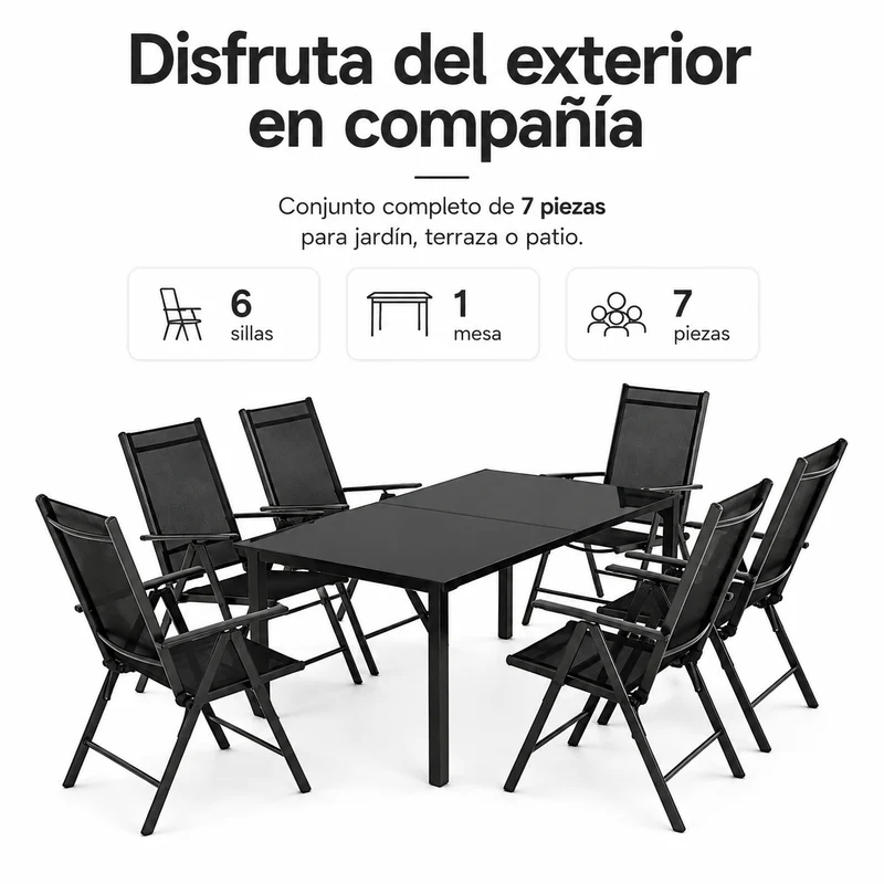 Conjunto Jardín Sillas Reclinables 7 Piezas Mesa Vidrio