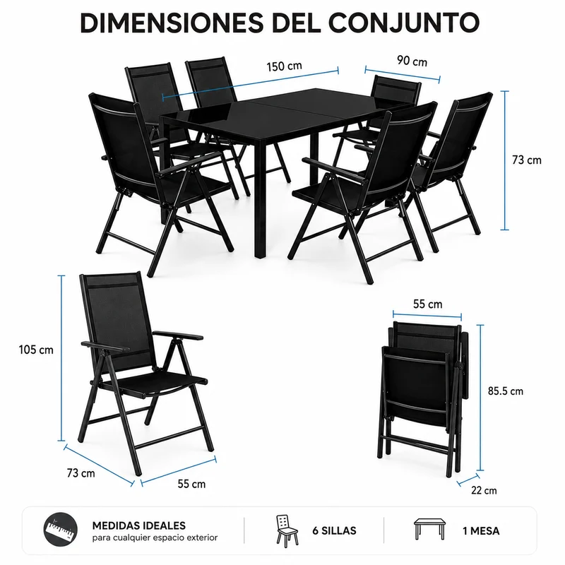 Conjunto Jardín Sillas Reclinables 7 Piezas Mesa Vidrio