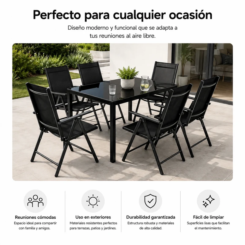 Conjunto Jardín Sillas Reclinables 7 Piezas Mesa Vidrio