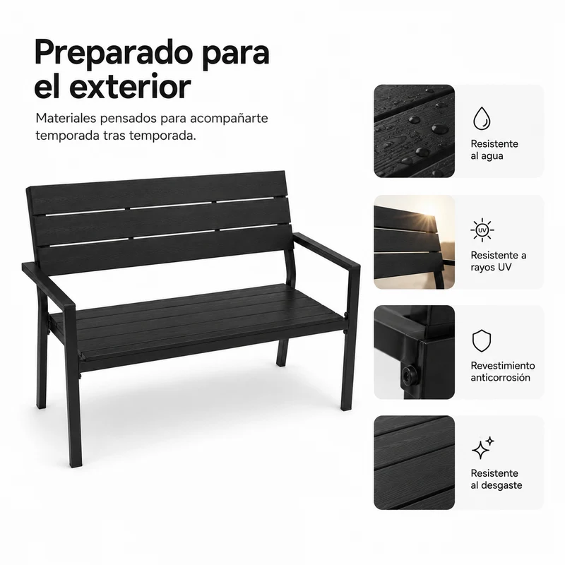 Banco De Jardín Exterior Para 2 Plazas Con Respaldo Ergonómico