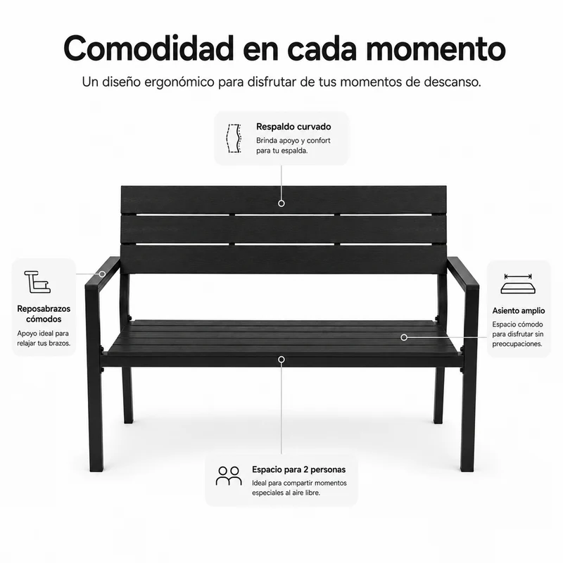 Banco De Jardín Exterior Para 2 Plazas Con Respaldo Ergonómico