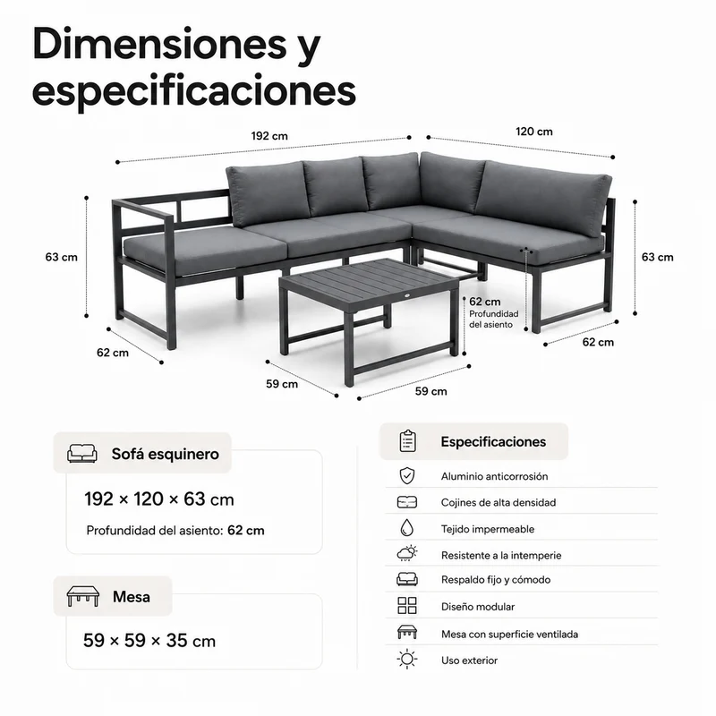 Conjunto De Jardín Sofá Esquinero Modular De Aluminio Antracita