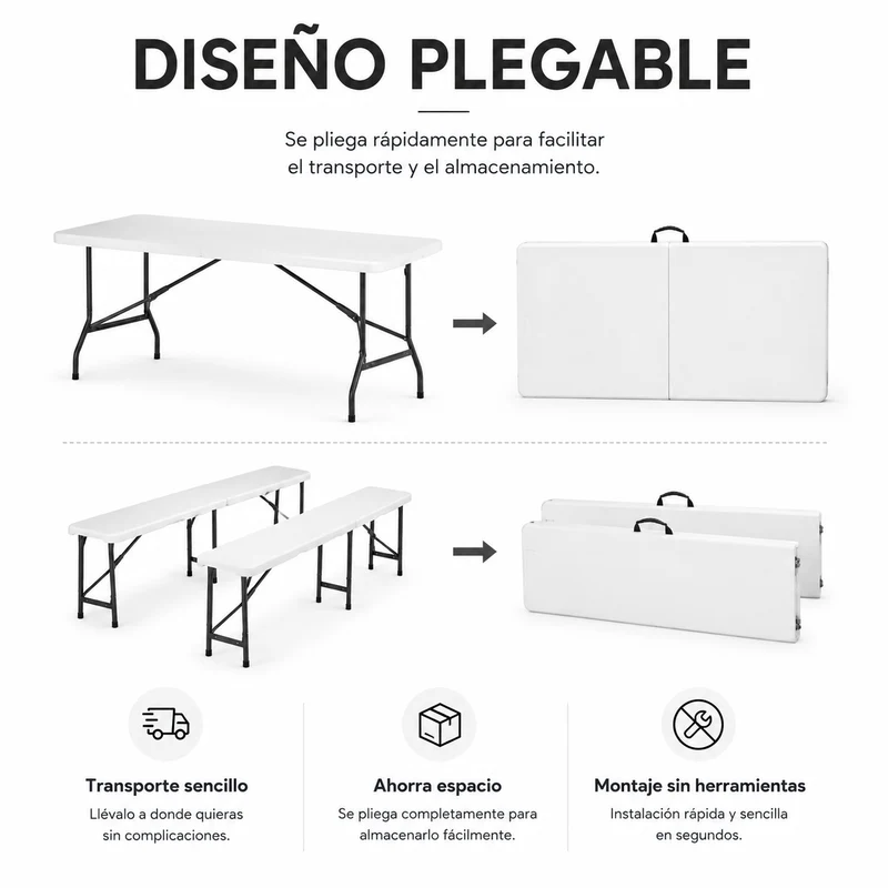 Conjunto Mesa Plegable Con 2 Bancos Para Jardín 180x74x72 cm