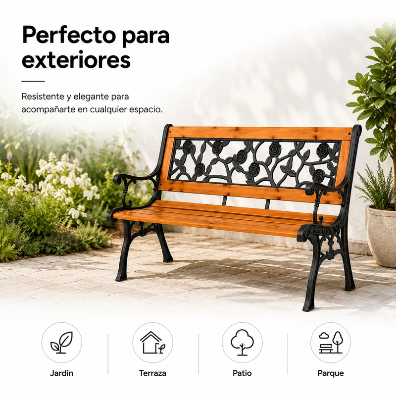 Banco de Jardín de Madera y Metal con Respaldo Floral Decorativo