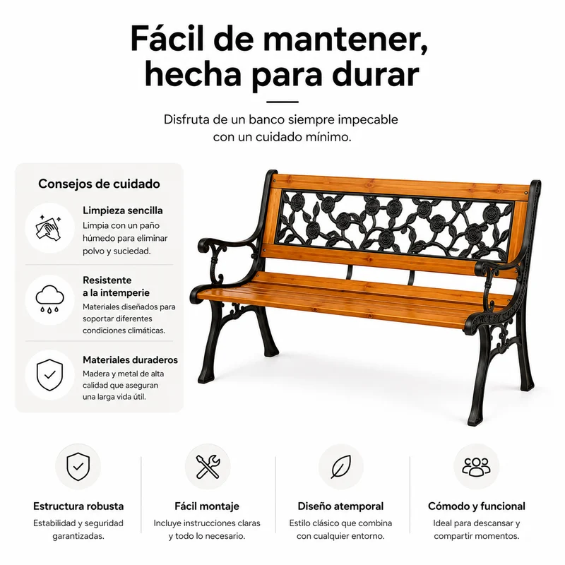 Banco de Jardín de Madera y Metal con Respaldo Floral Decorativo